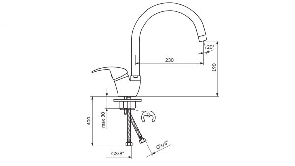 03. ROSAN King baterija slavina za sudoperu izliv 230 MM J382201 TEHNIČKI CRTEŽ